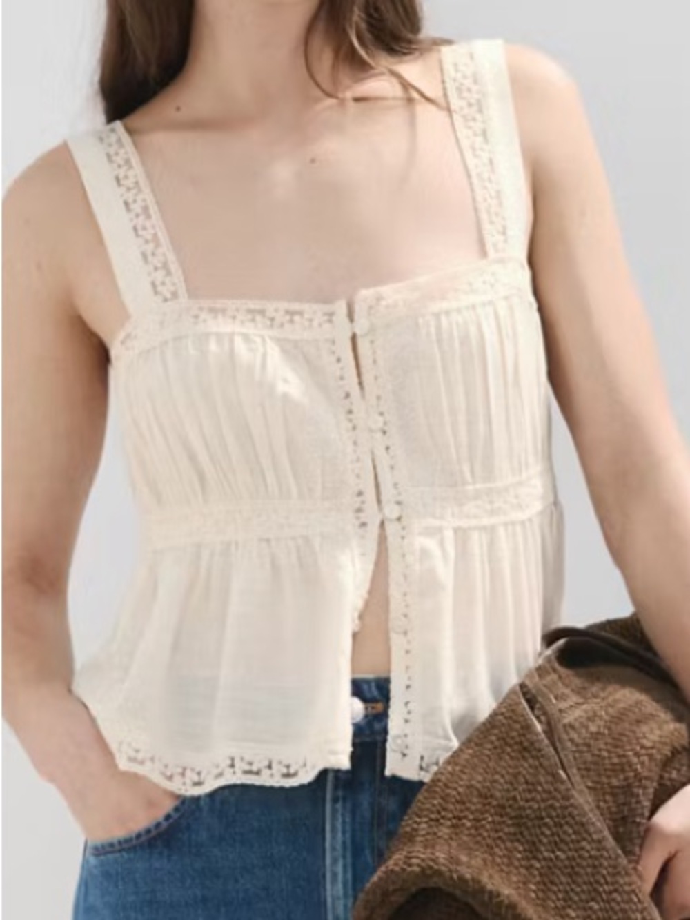 Mango Cream Lace-Trim Button-Front Camisole COTTON LACE TOP 1382